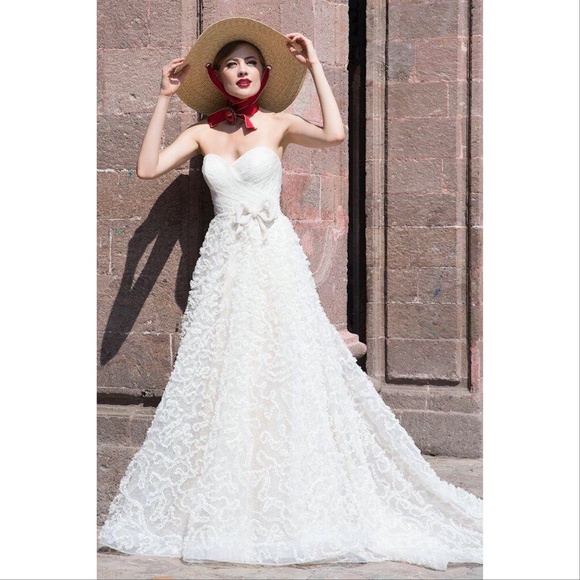 Watters Caerwyn Silk Lace & Dotted Tulle Strapless Gown Ivory Size 10 - Picture 1 of 12